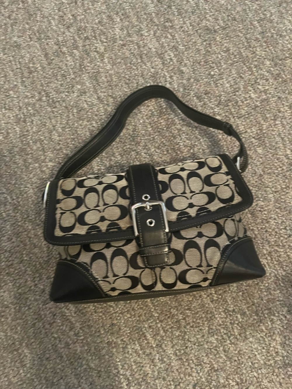 Coach Black Trim Signature Canvas Shoulder Bag in Tan